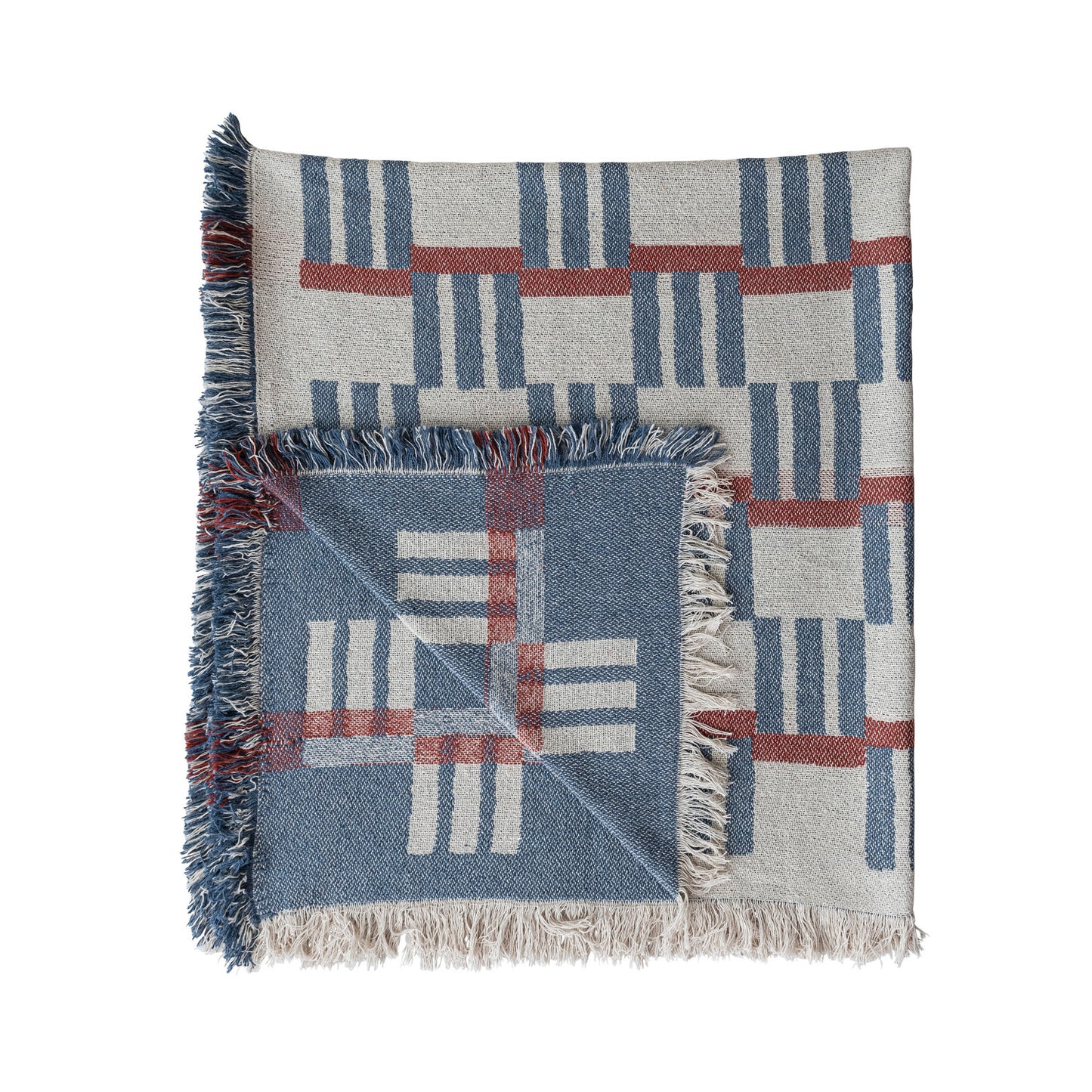 Cotton Blend Jacquard Throw with Stripes/Block Pattern, Feathered Farmhouse