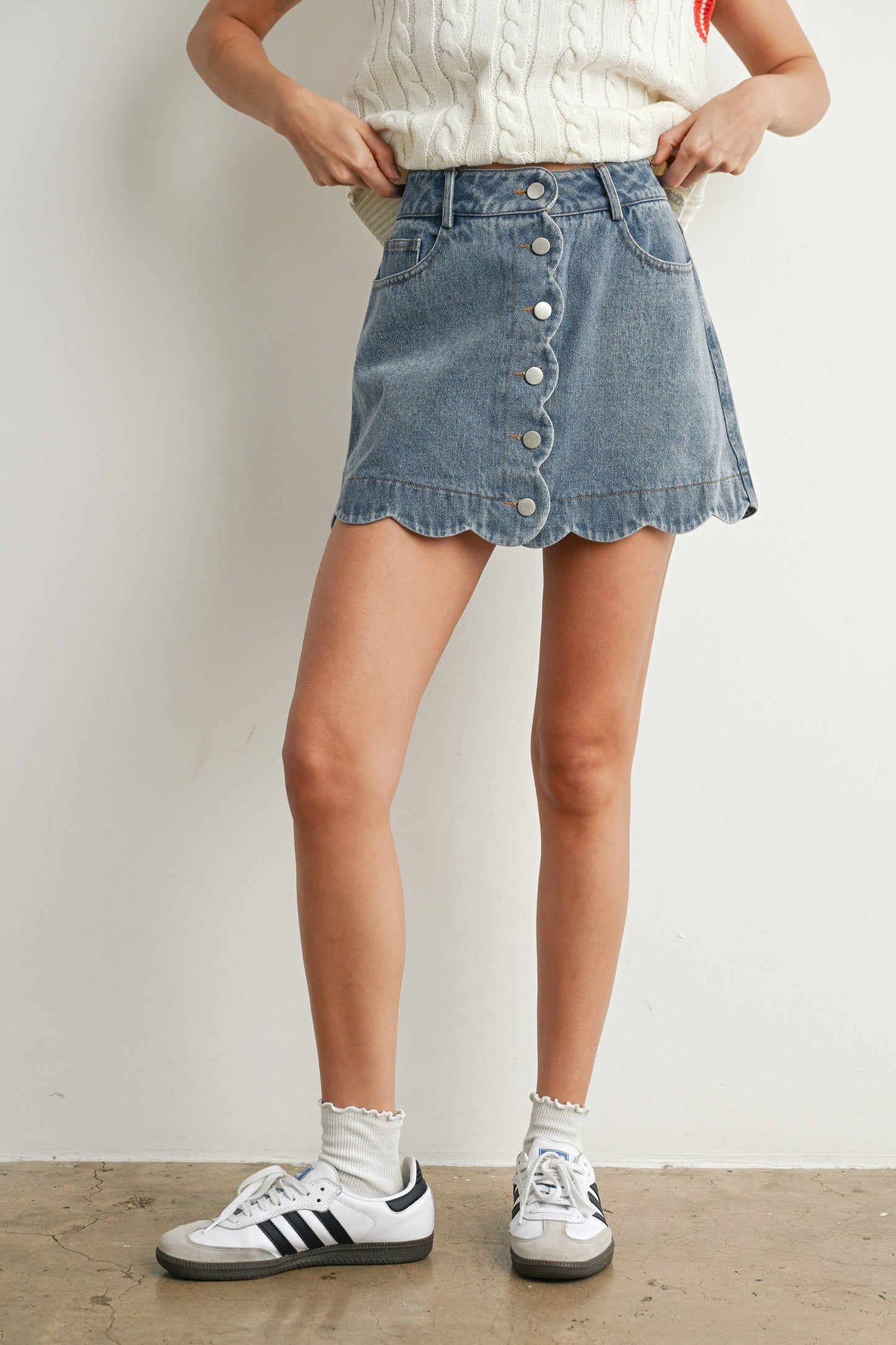 Buttoned Scallop Denim Skirt, Feathered Farmhouse