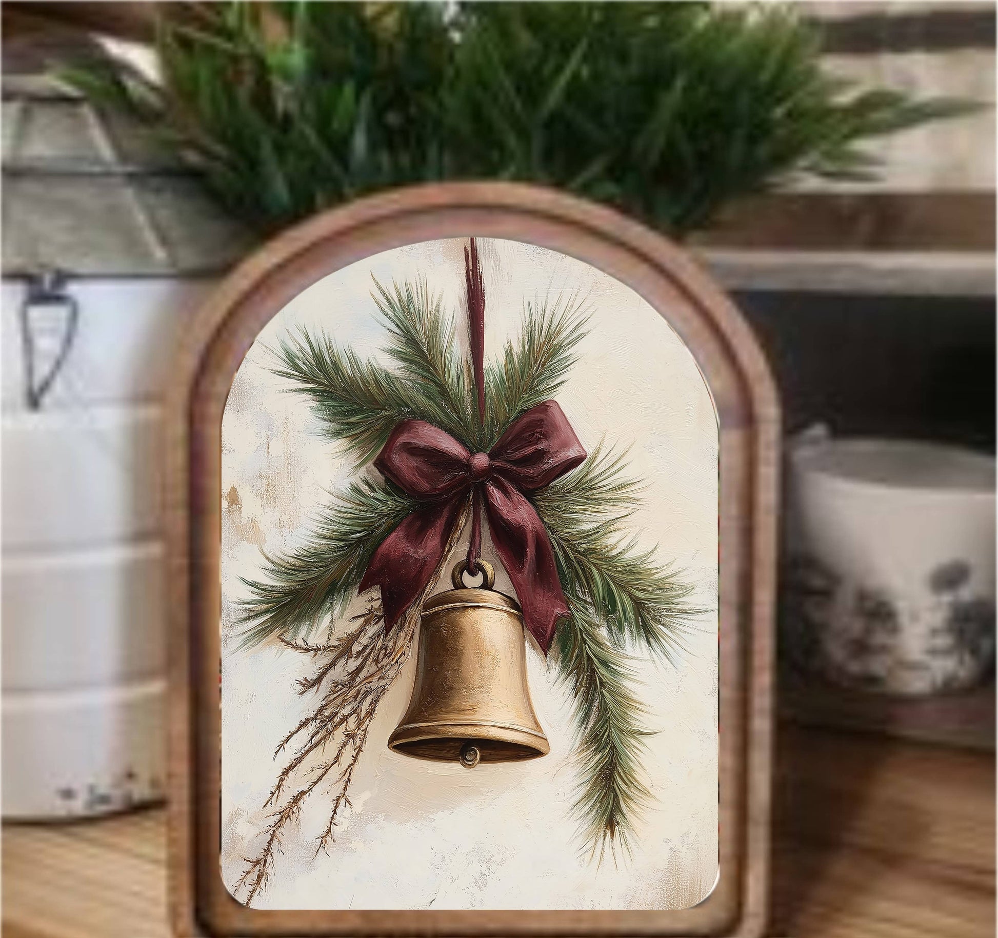 Christmas Bell Framed Art Arch Top, Feathered Farmhouse