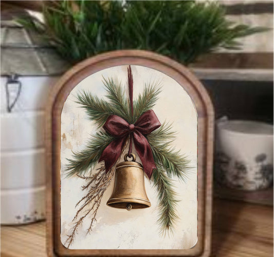 Christmas Bell Framed Art Arch Top, Feathered Farmhouse
