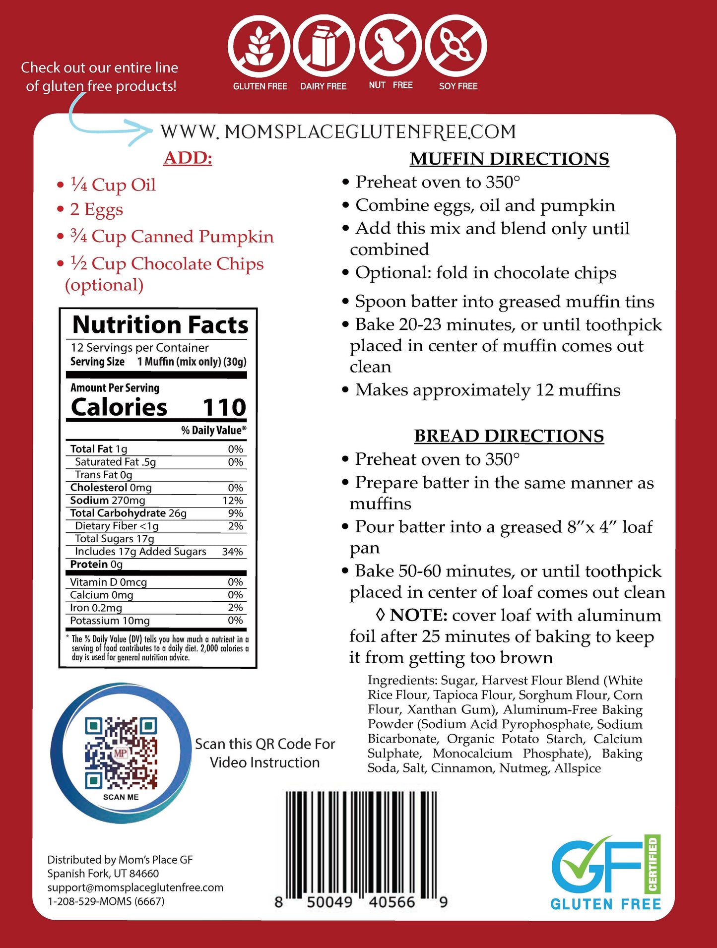 Gluten-Free Pumpkin Harvest Bread or Muffin Mix, Feathered Farmhouse