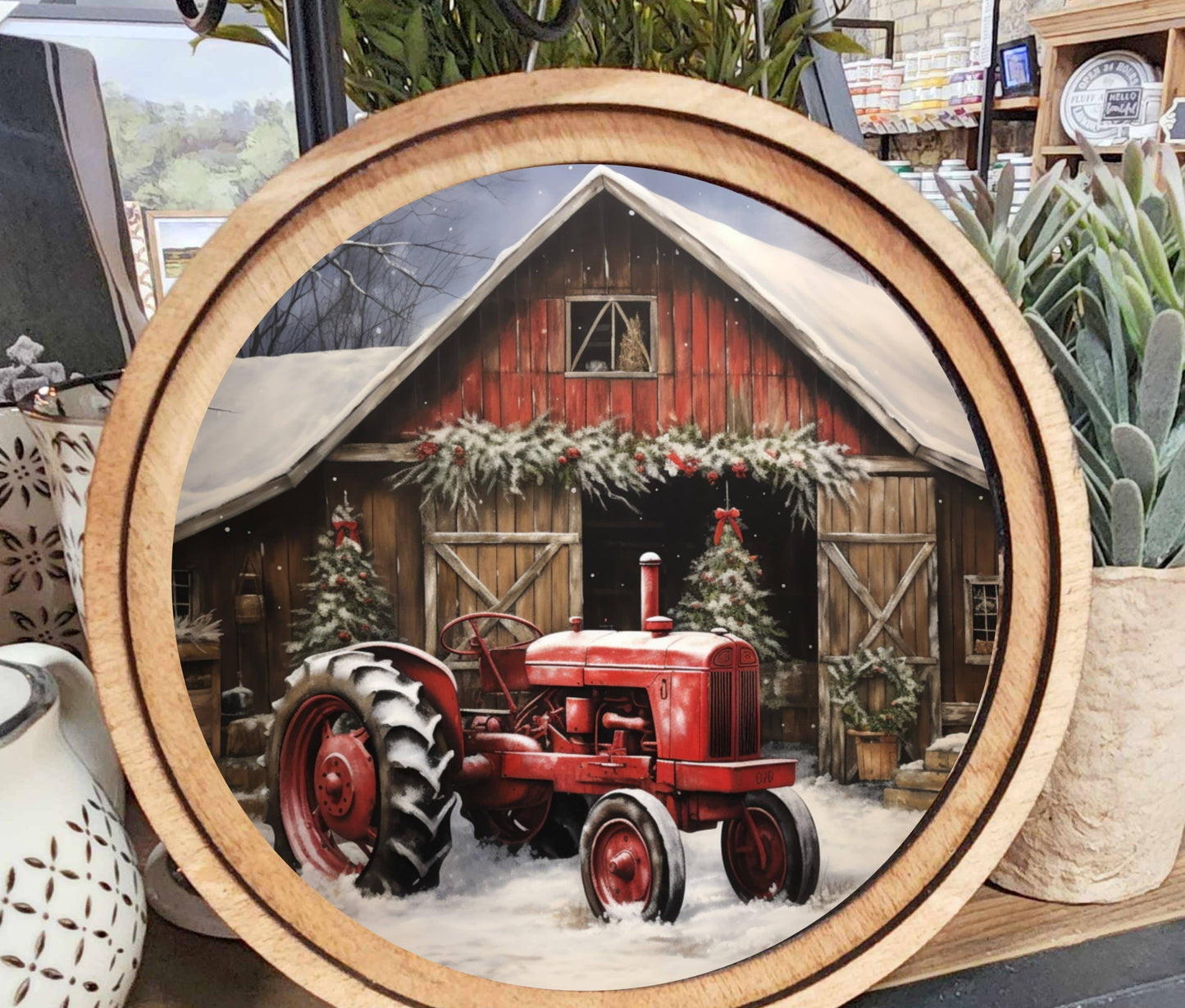 Round Christmas Tractor Art, Feathered Farmhouse