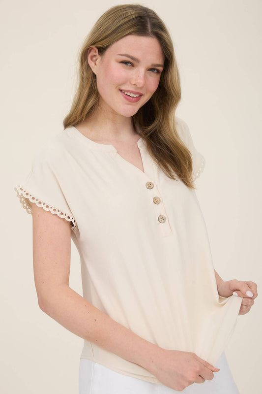 Lace Trim Henley Top, Feathered Farmhouse