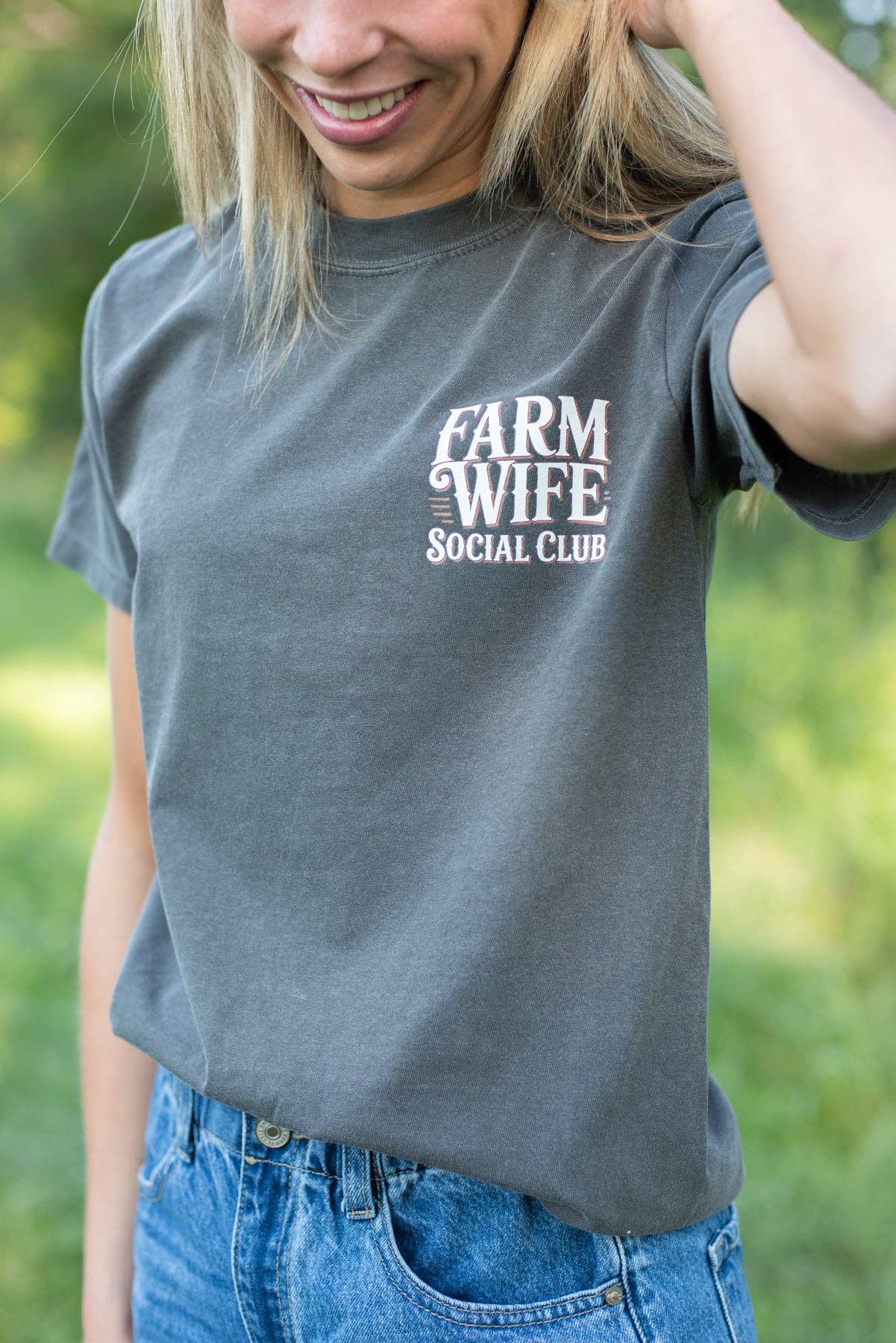 Western 'Farm Wife Social Club' Charcoal Graphic Women's Tee, Feathered Farmhouse