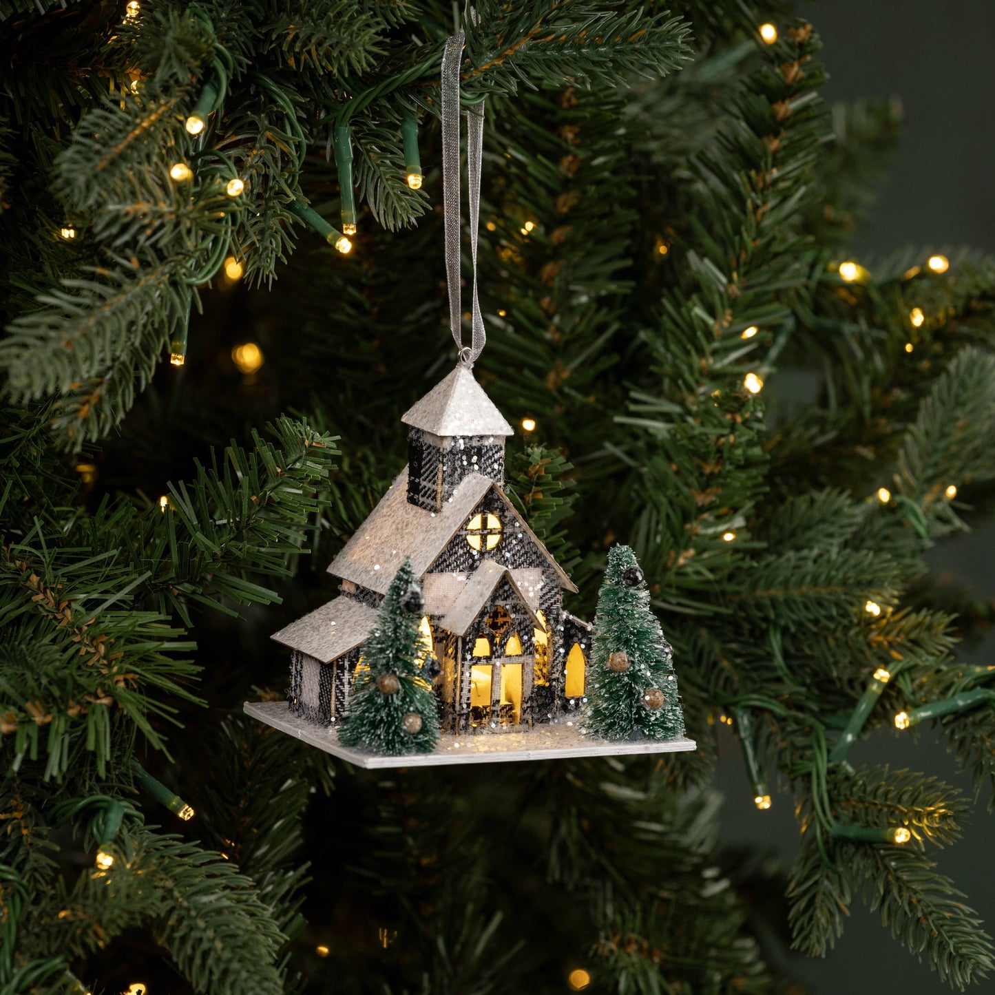 Plaid Lighted Church Ornament, Feathered Farmhouse