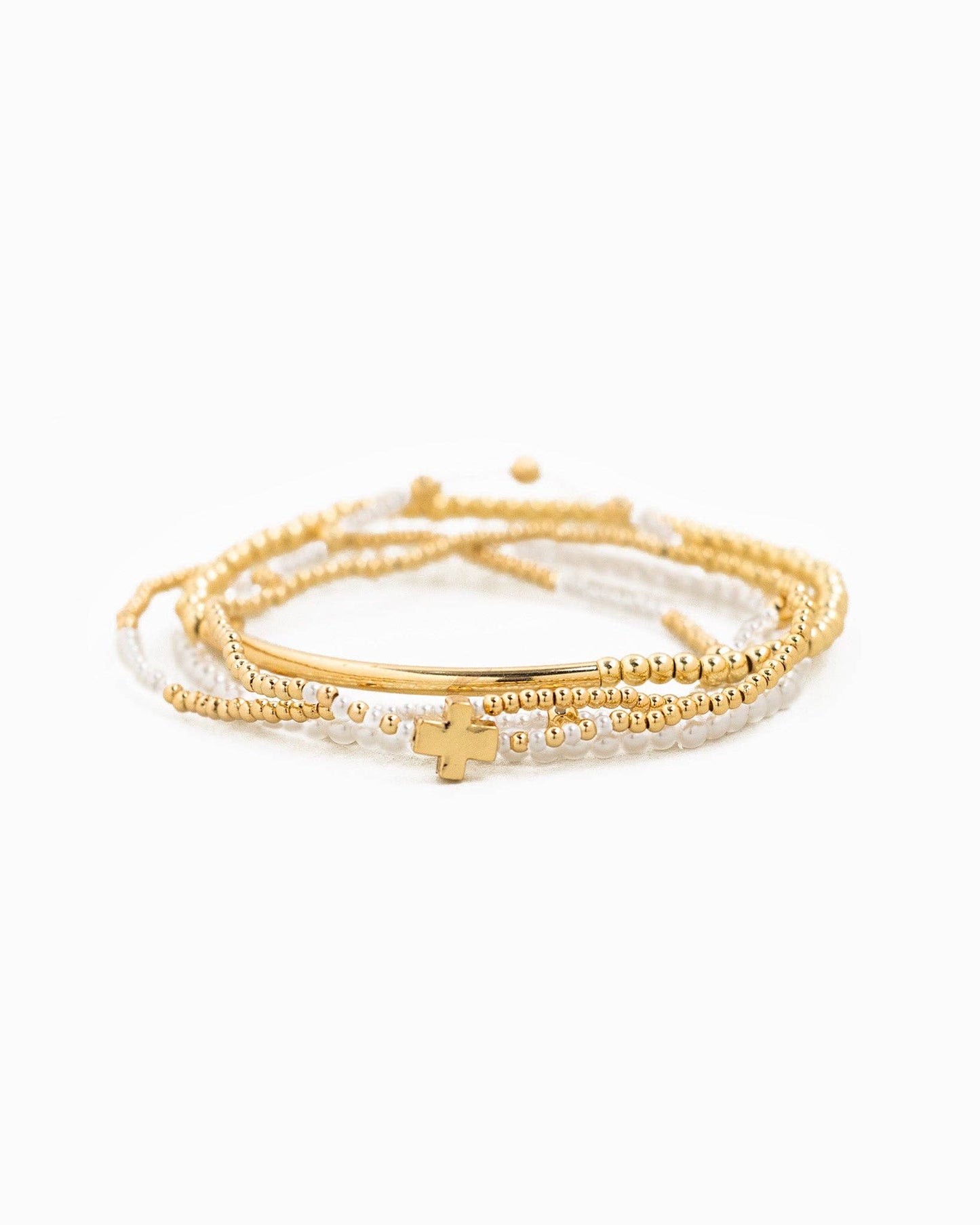 Gold Cross Pearl Bead Variety Stretch Bracelet Set, Feathered Farmhouse