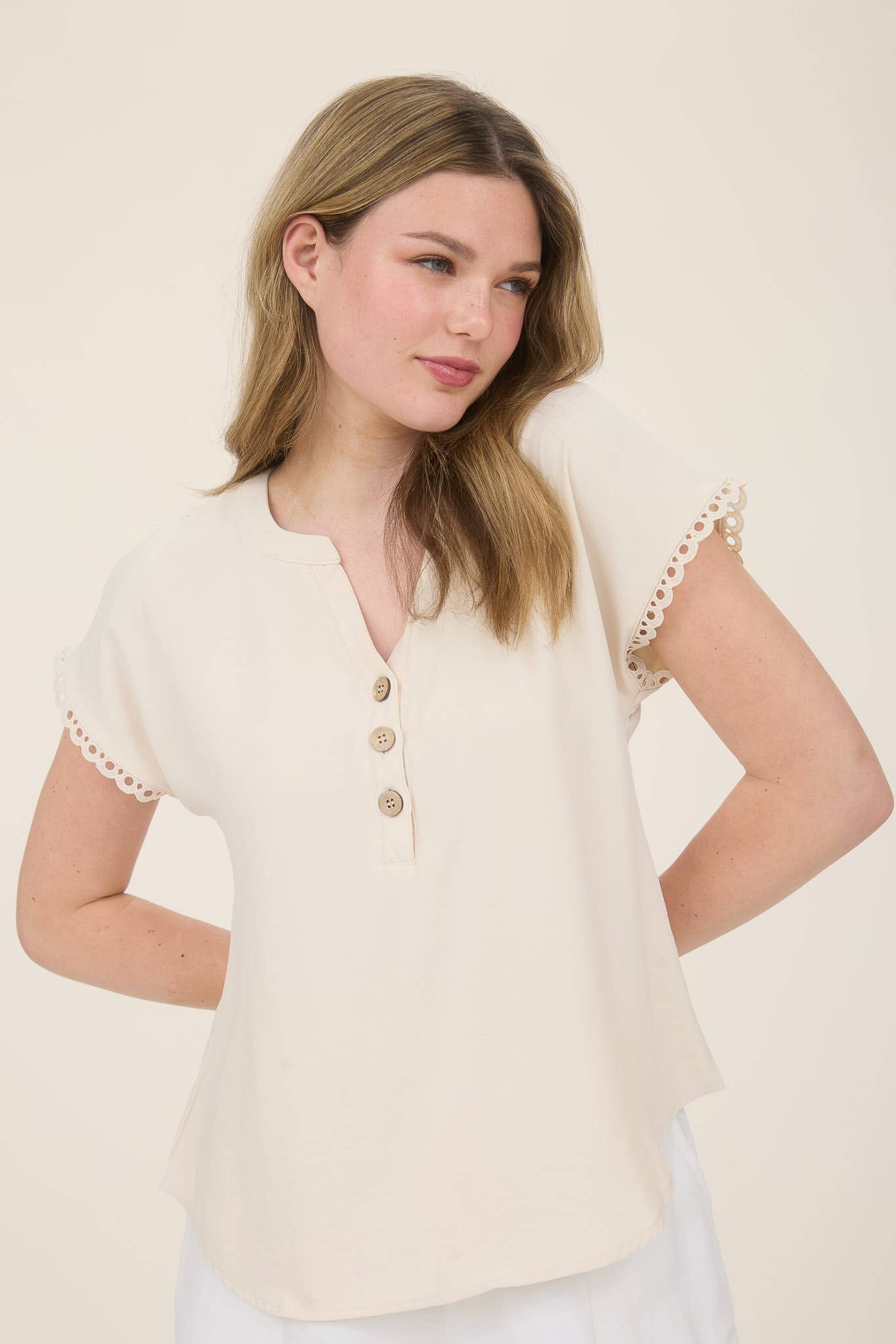 Lace Trim Henley Top, Feathered Farmhouse
