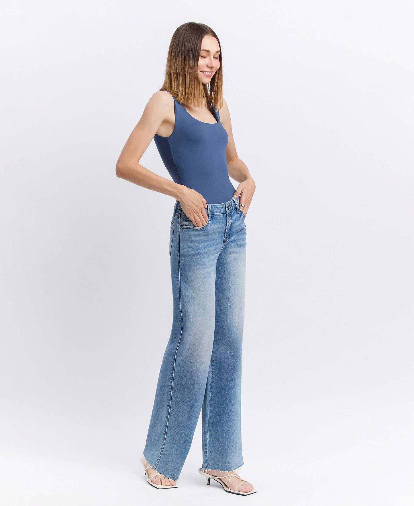 Mid Rise Clean Cut Raw Hem Wide Jeans, Feathered Farmhouse
