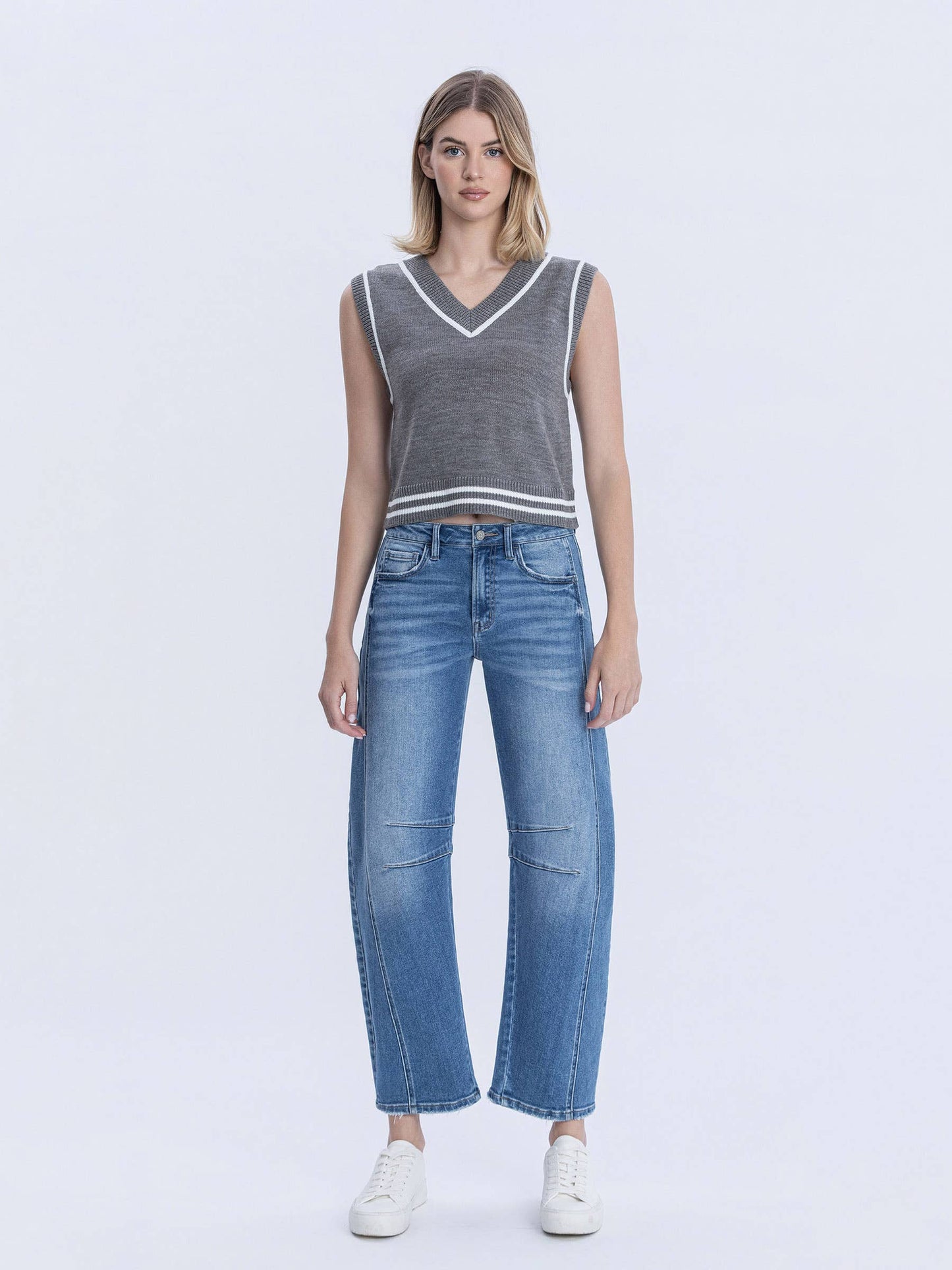High Rise Medium Wash Crop Barrel Jeans, Feathered Farmhouse