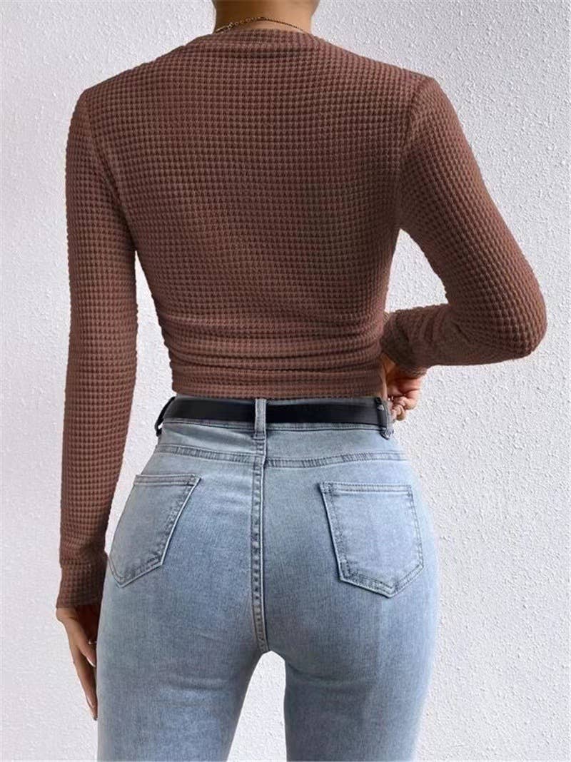 Brown Plain Waffle Fitted long Sleeve Top, Feathered Farmhouse