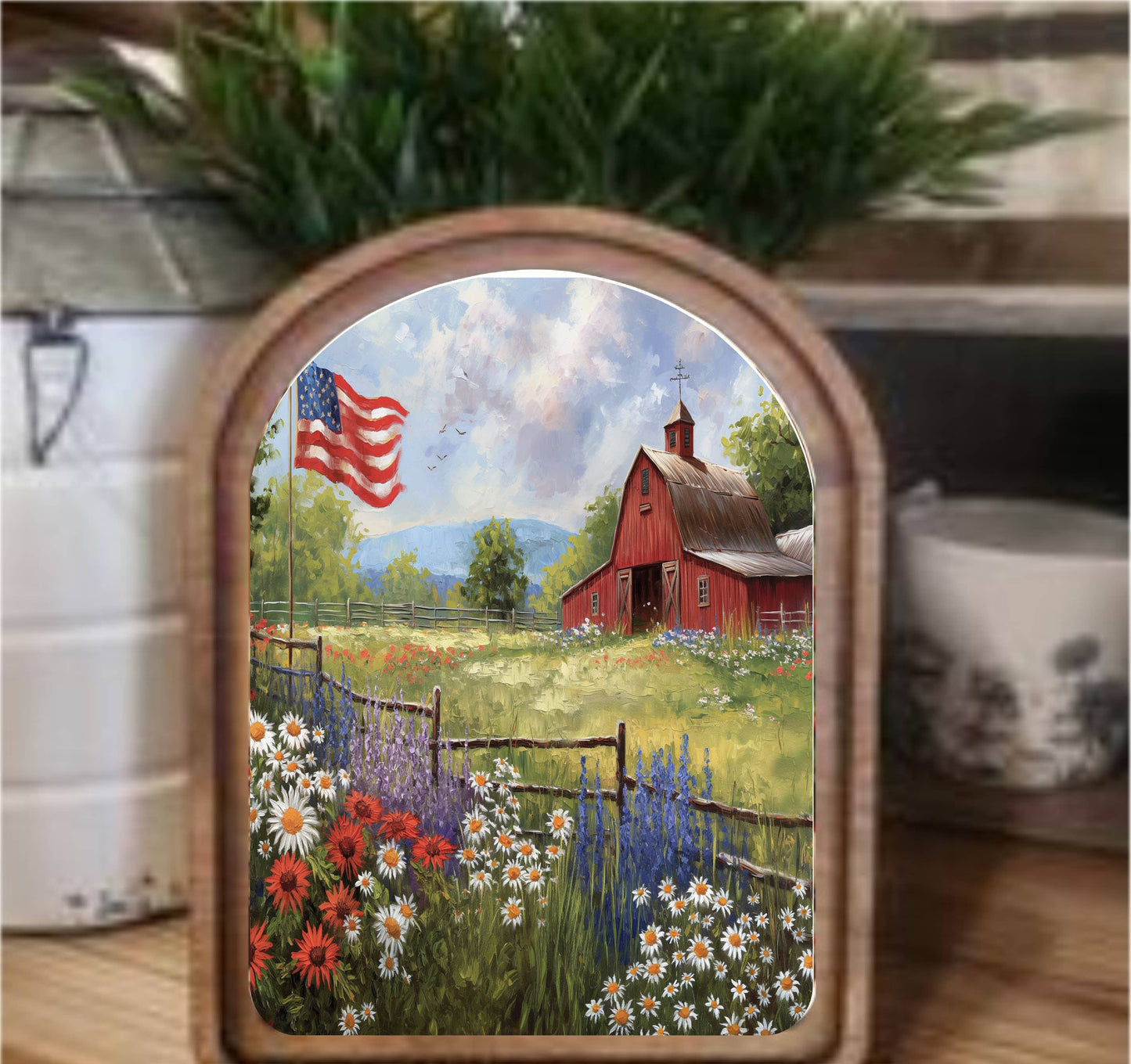 Patriotic Farm Framed Art Arch Top, Feathered Farmhouse