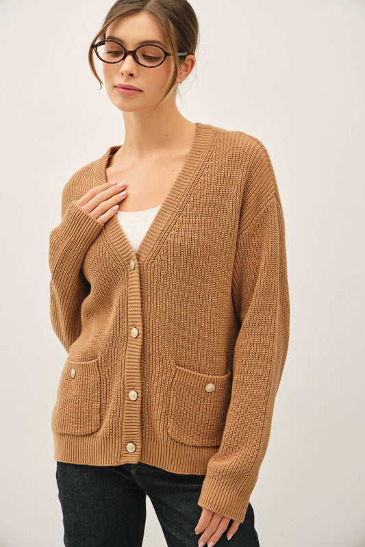 Mocha Varsity Style Cardigan, Feathered Farmhouse
