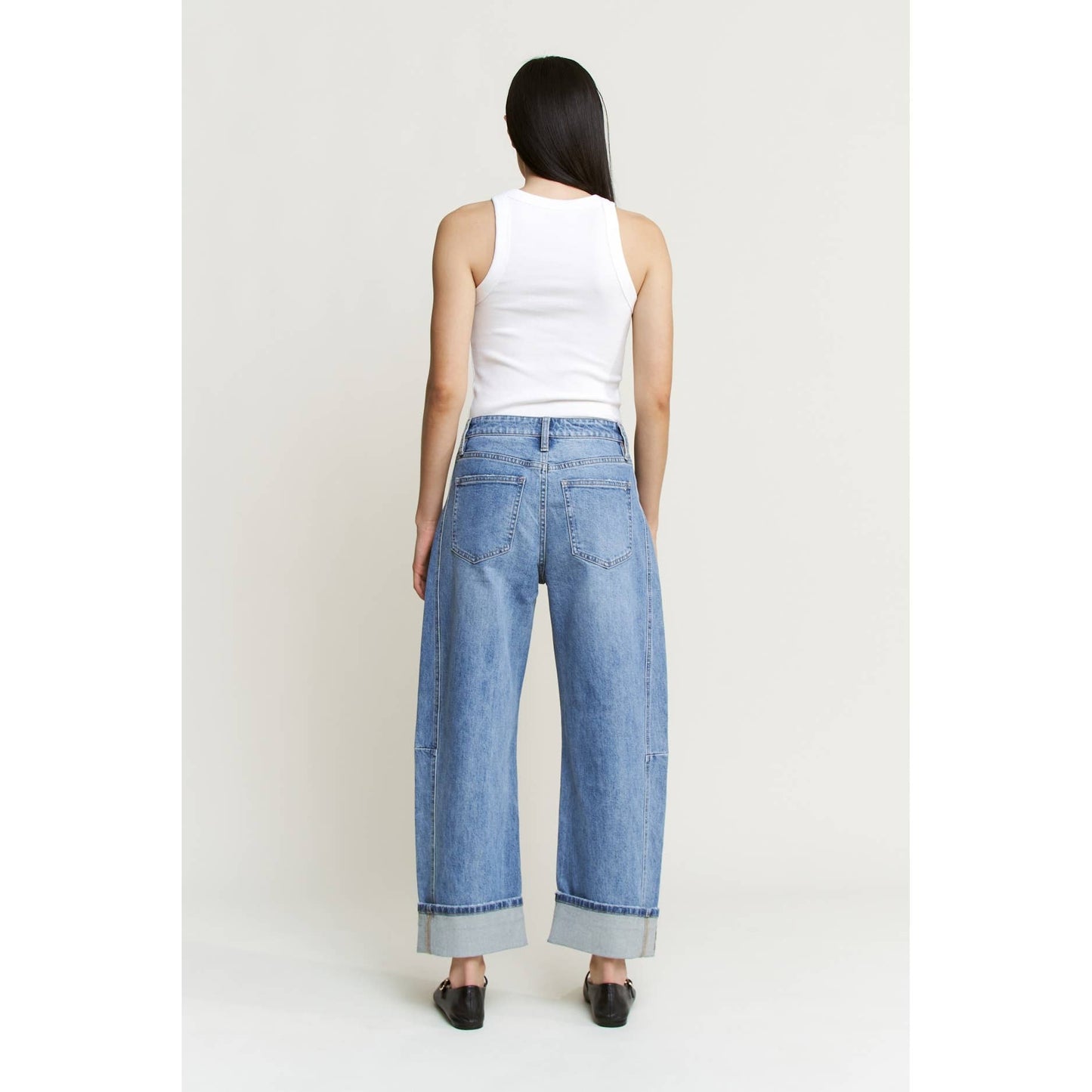 High Rise Barrel-Leg Cuffed Jeans, Feathered Farmhouse