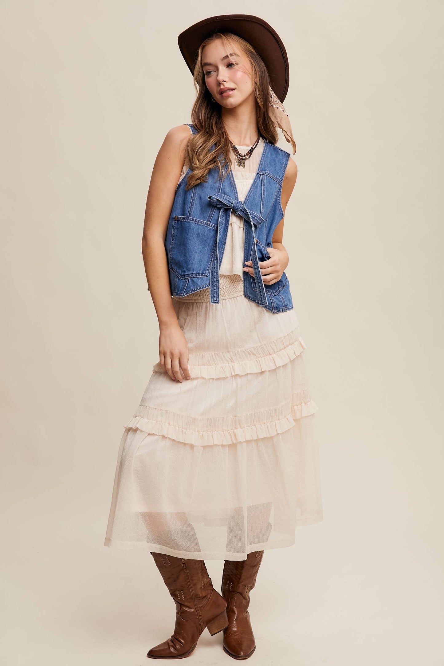 Denim Tie-Front Vest, Feathered Farmhouse