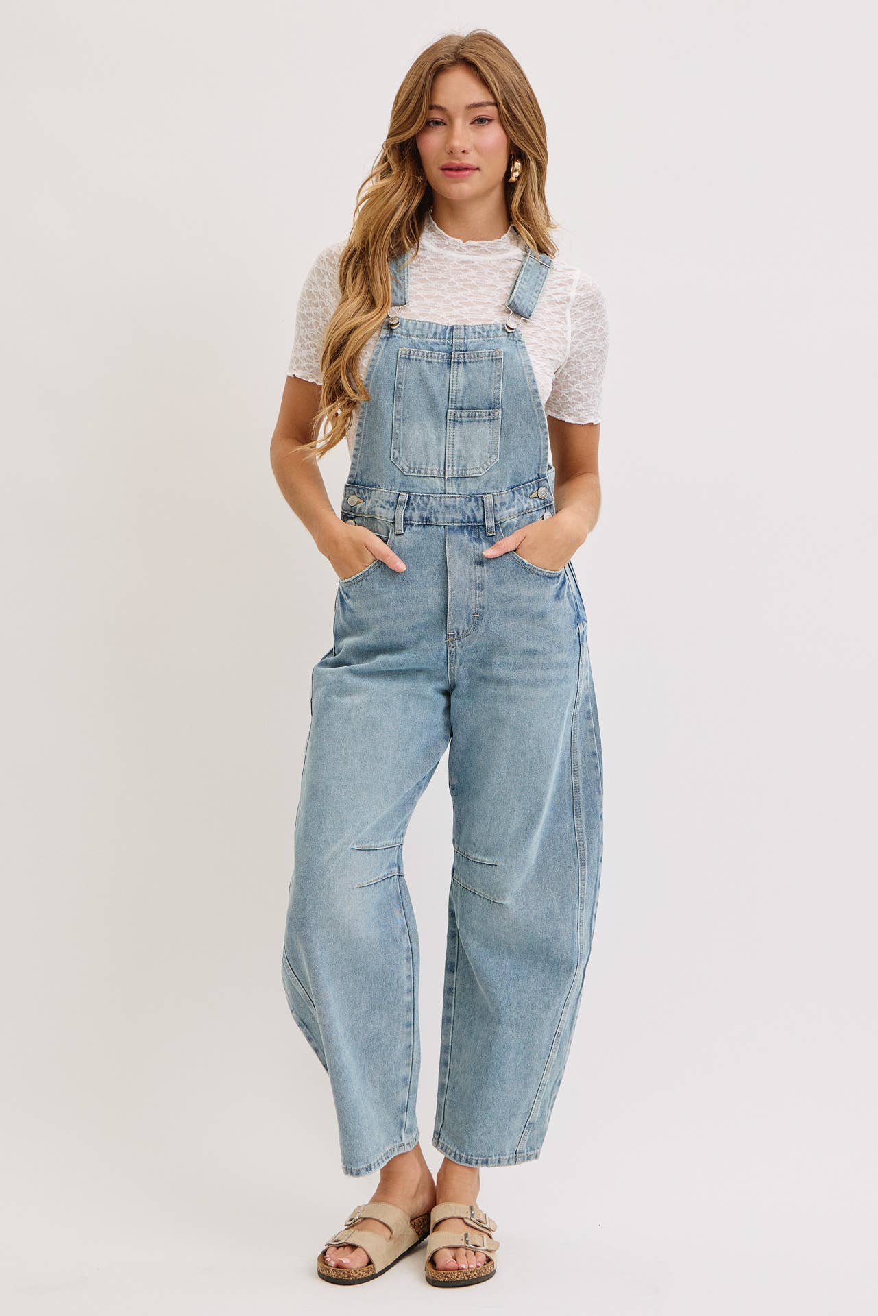 Barrel-Leg Denim Jumpsuit, Feathered Farmhouse
