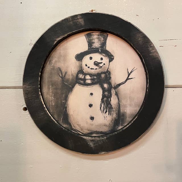 Round Black and White Snowman, Feathered Farmhouse