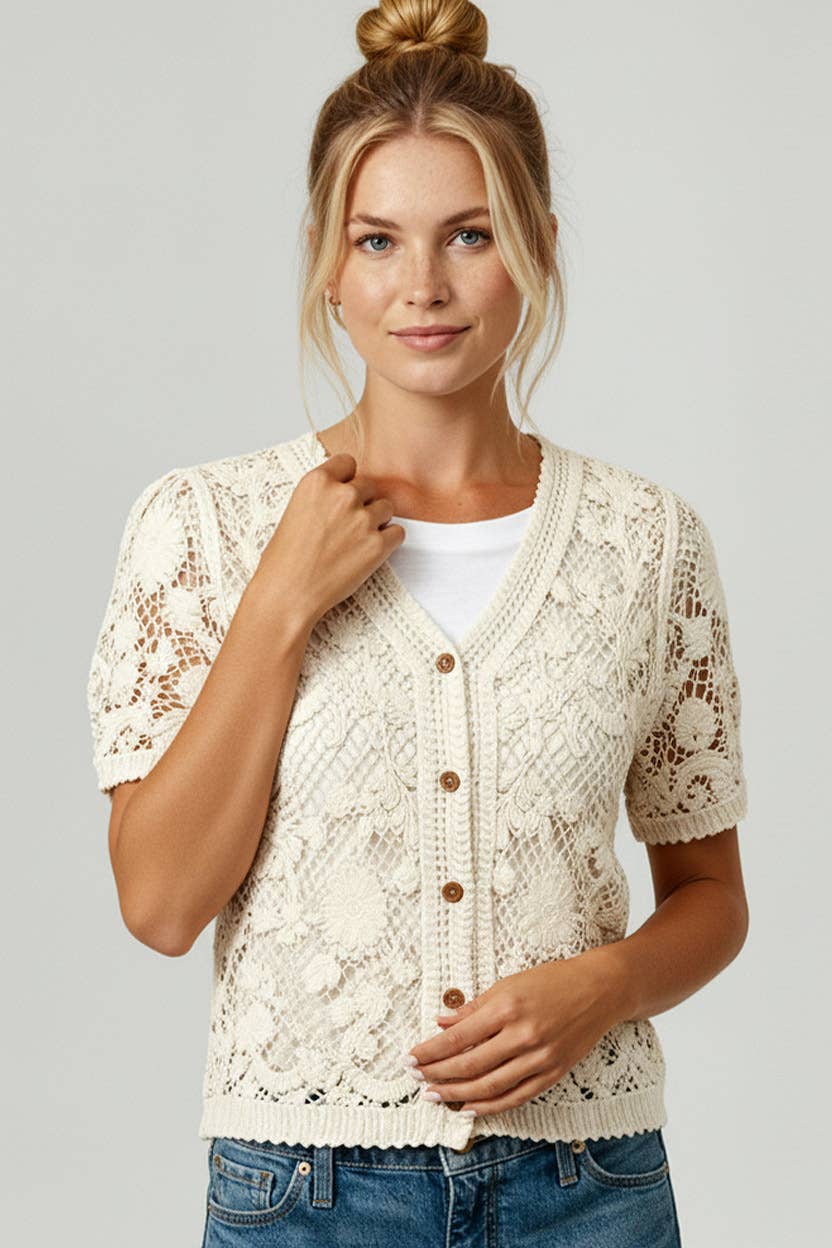 Button Down Short Sleeve Crochet Vest, Feathered Farmhouse