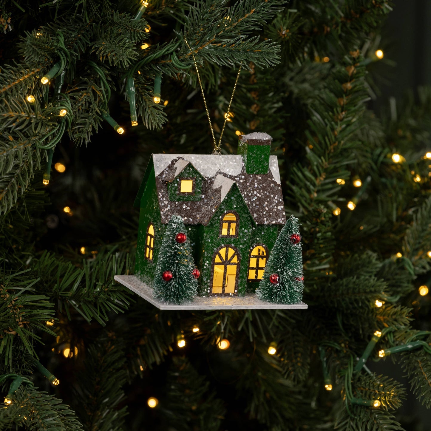 Green Lighted House Ornament, Feathered Farmhouse