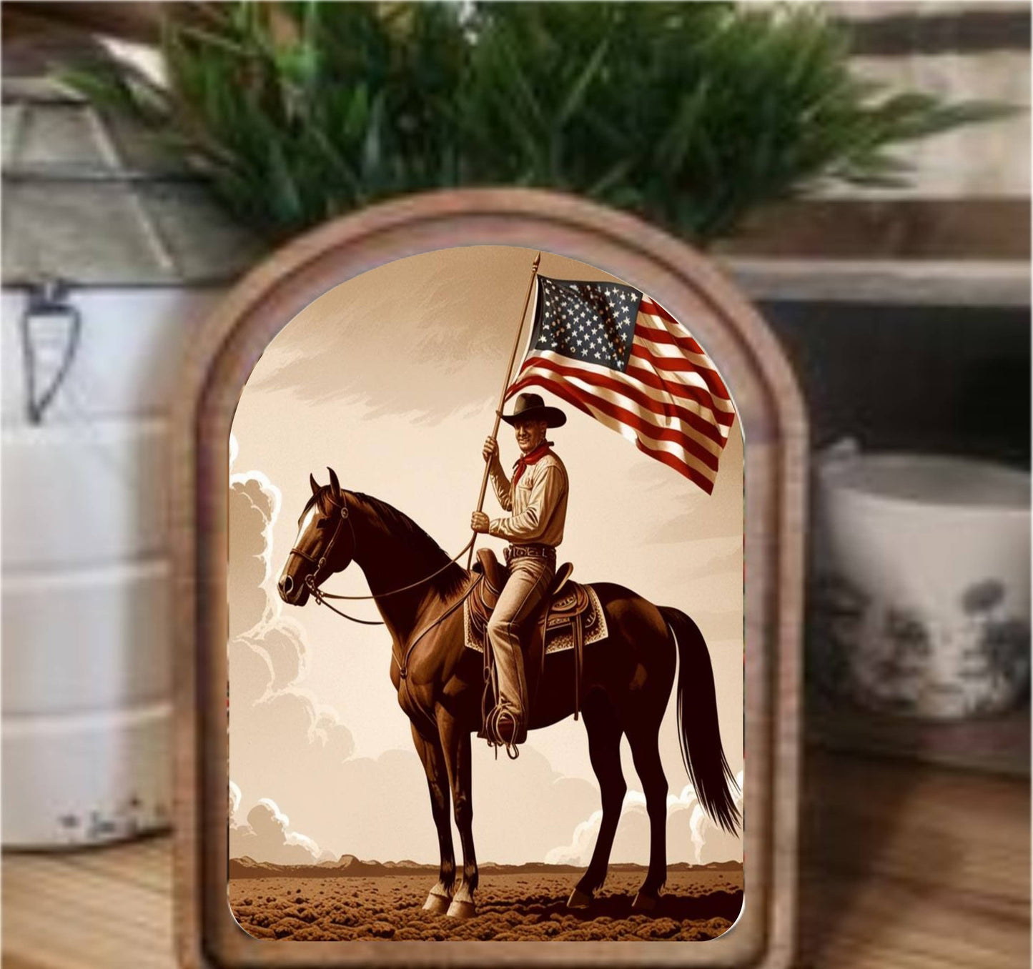 Patriotic Cowboy Framed Art Arch Top, Feathered Farmhouse
