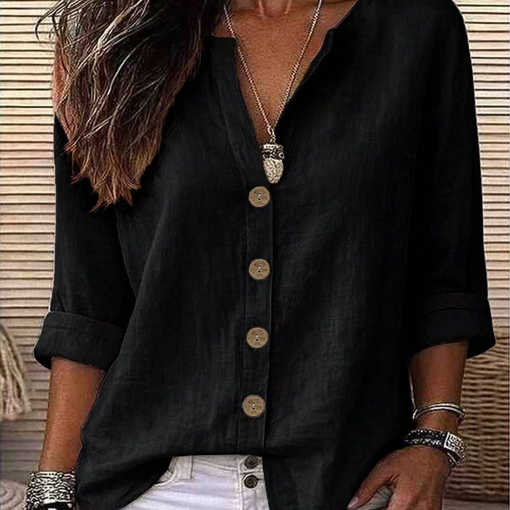 Black V Neck Button Up Roll Sleeve Blouse, Feathered Farmhouse