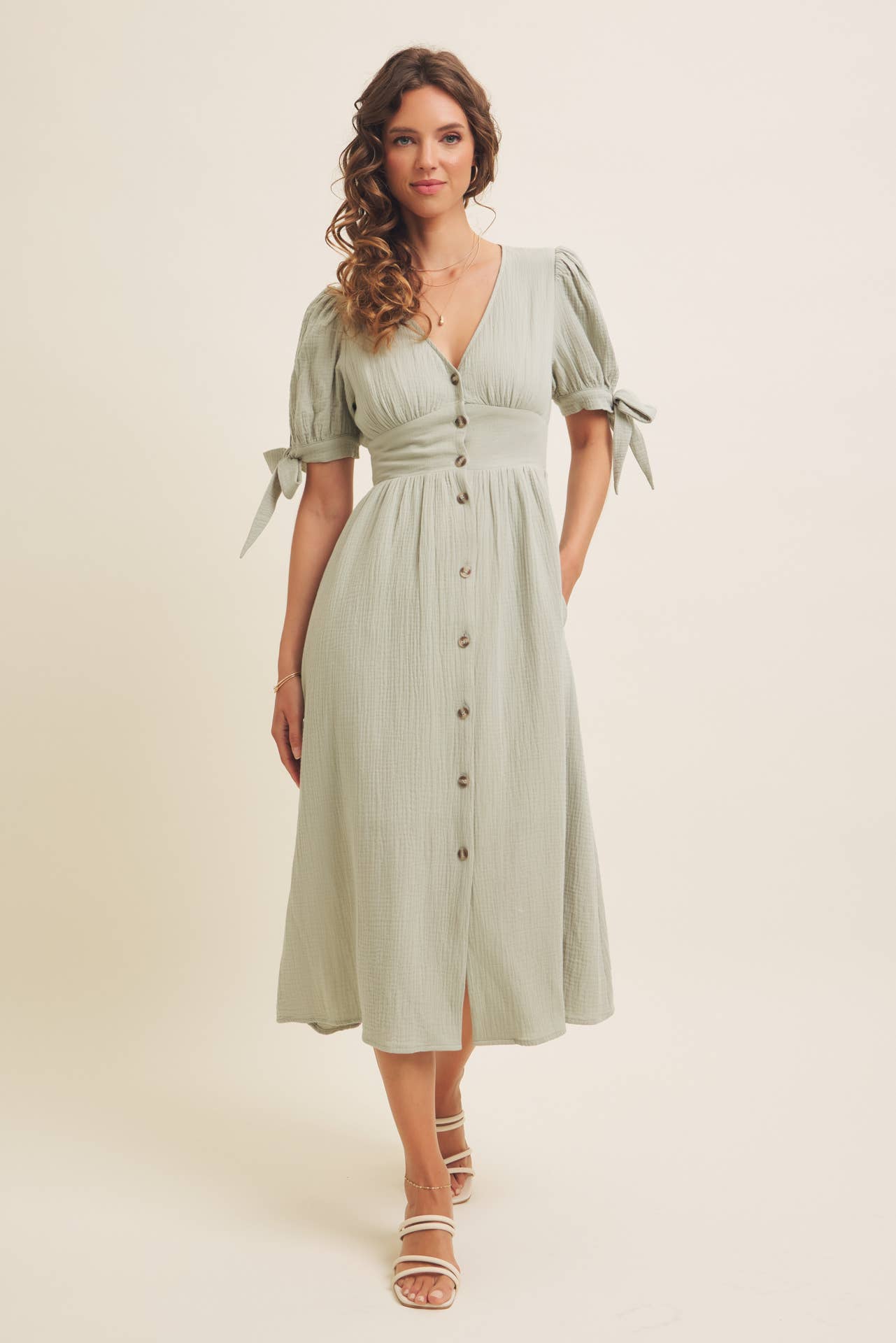Cotton Gauze Button-Down Midi Dress, Feathered Farmhouse