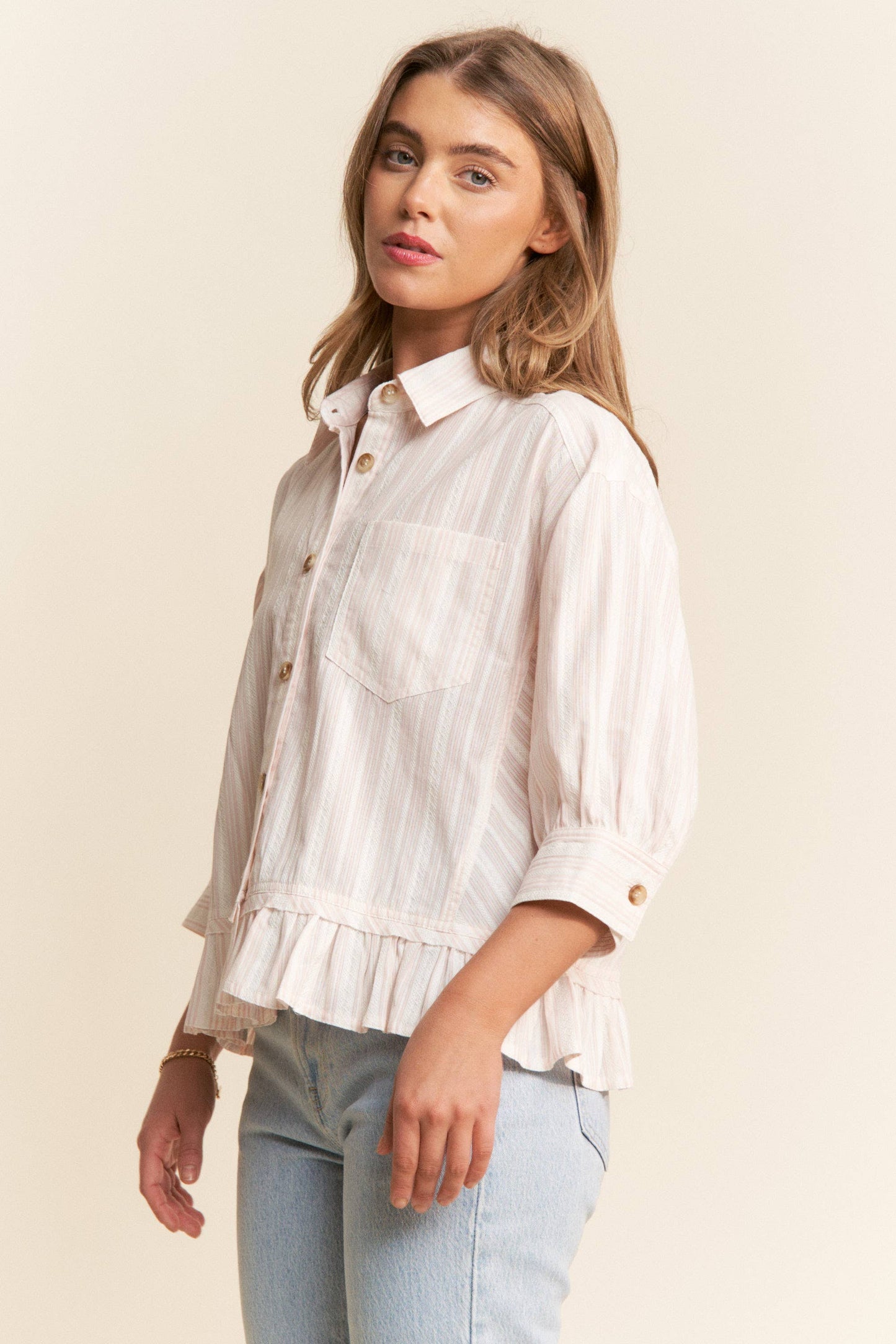 Stripe Jacquard Button Up Pleated Top, Feathered Farmhouse