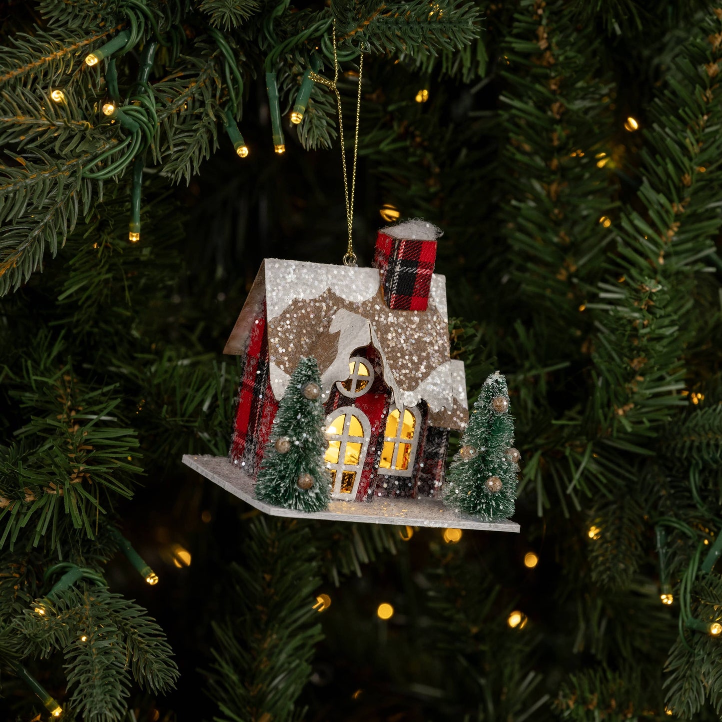 Plaid Lighted House Ornament, Feathered Farmhouse