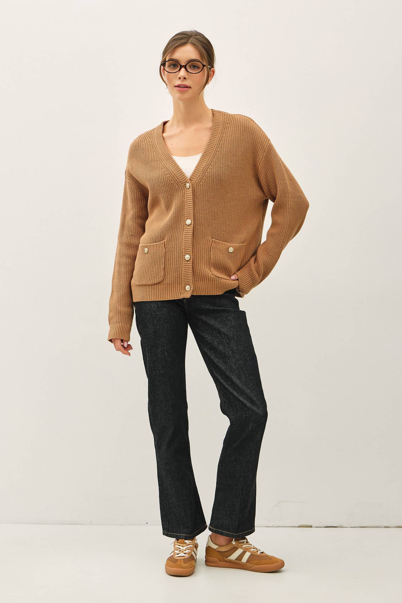 Mocha Varsity Style Cardigan, Feathered Farmhouse