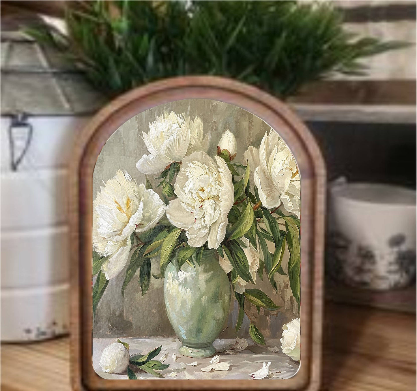 Muted Peony Framed Art Arch Top, Feathered Farmhouse