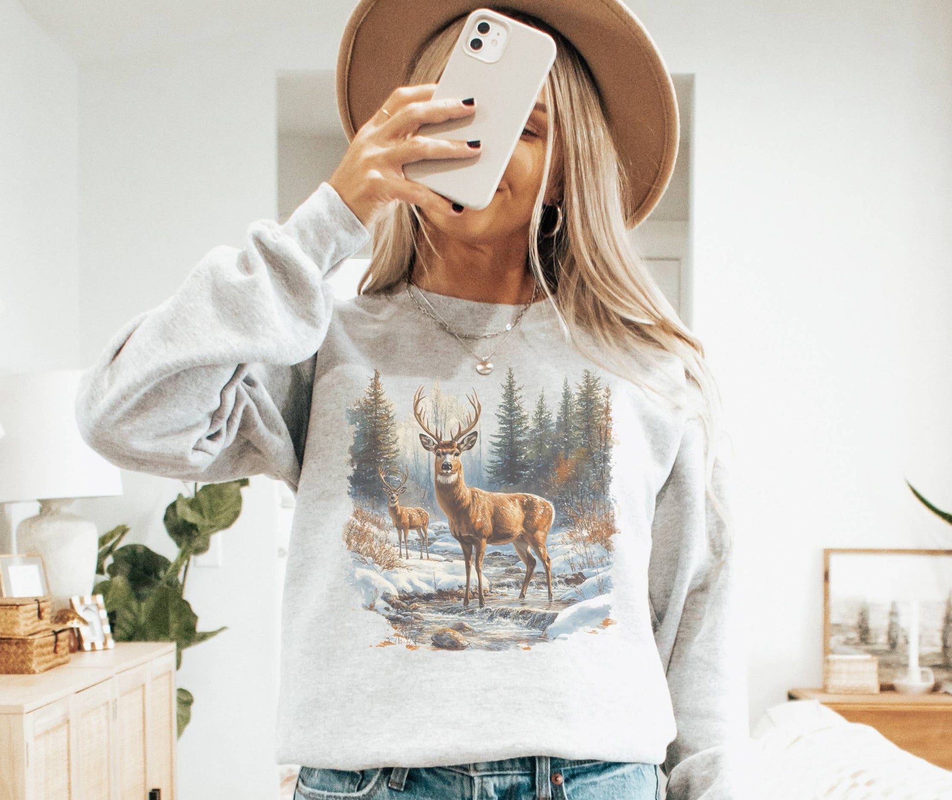 Vintage Deer Wilderness Crew Neck Sweatshirt, Feathered Farmhouse