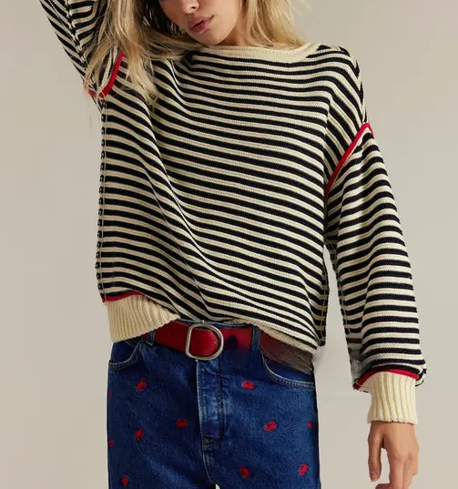 Striped Crewneck Knit Sweater, Feathered Farmhouse