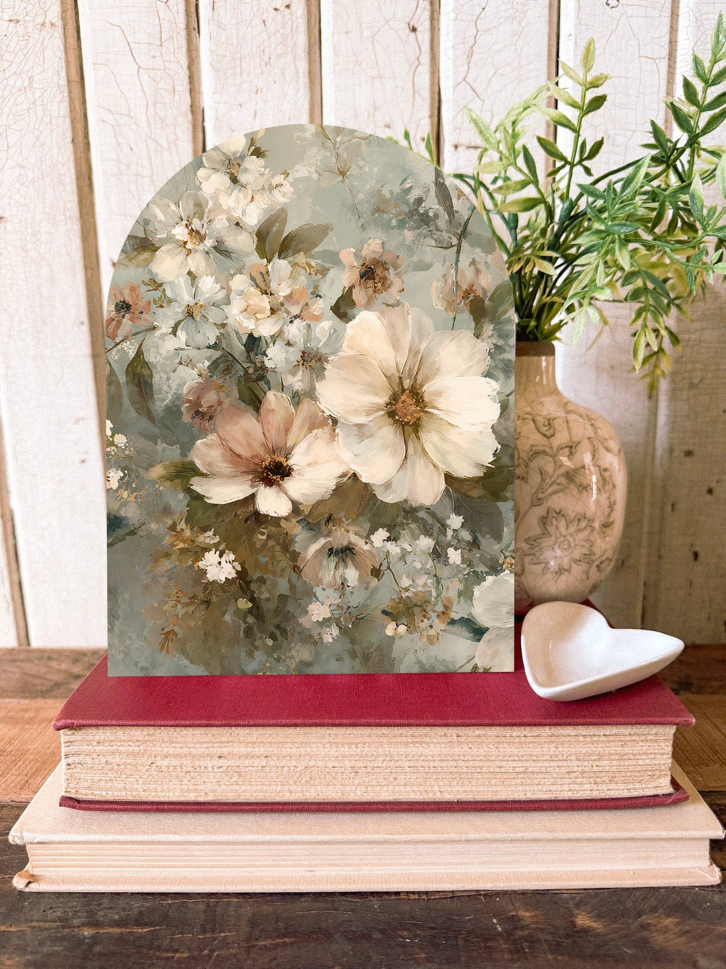 Blue Floral Arched Wood Sign Shelf Sitter, Feathered Farmhouse