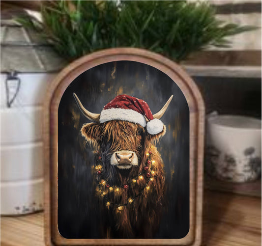 Christmas Highland Framed Art Arch Top, Feathered Farmhouse