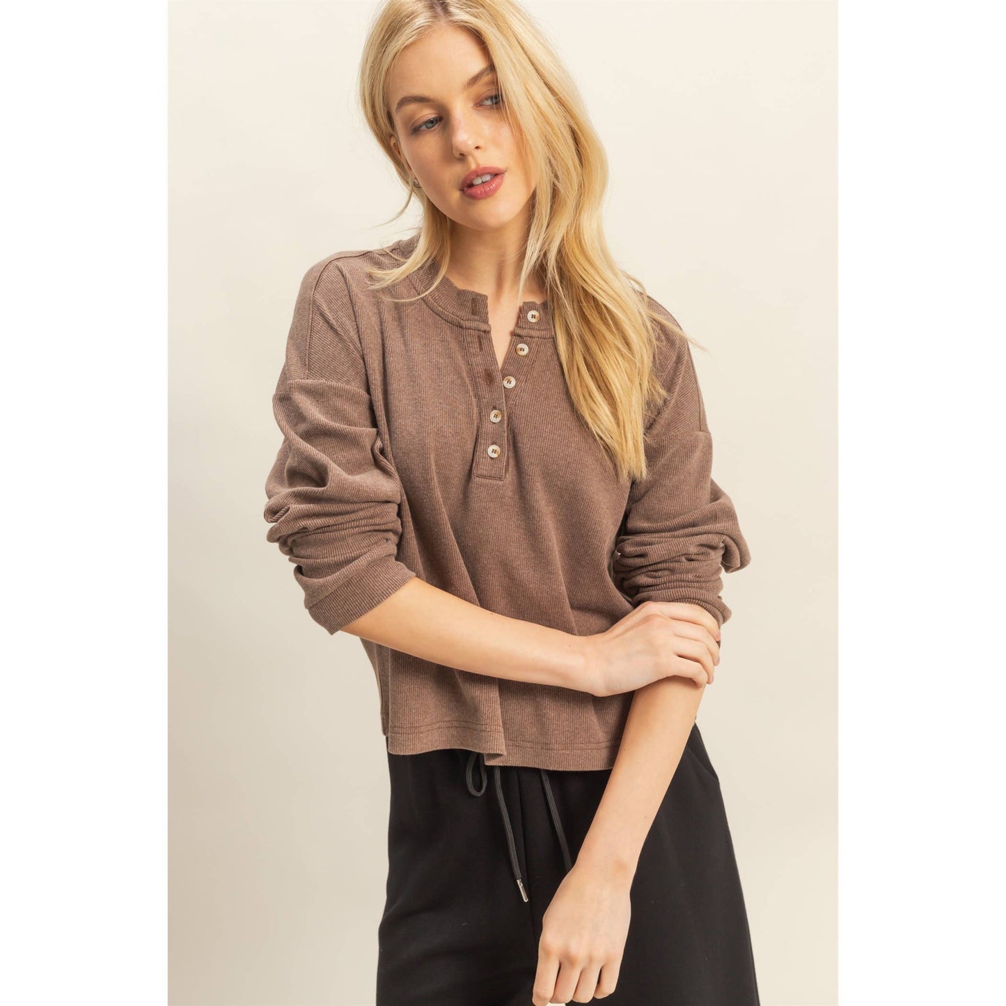 Mineral Washed Long-Sleeve Henley Top