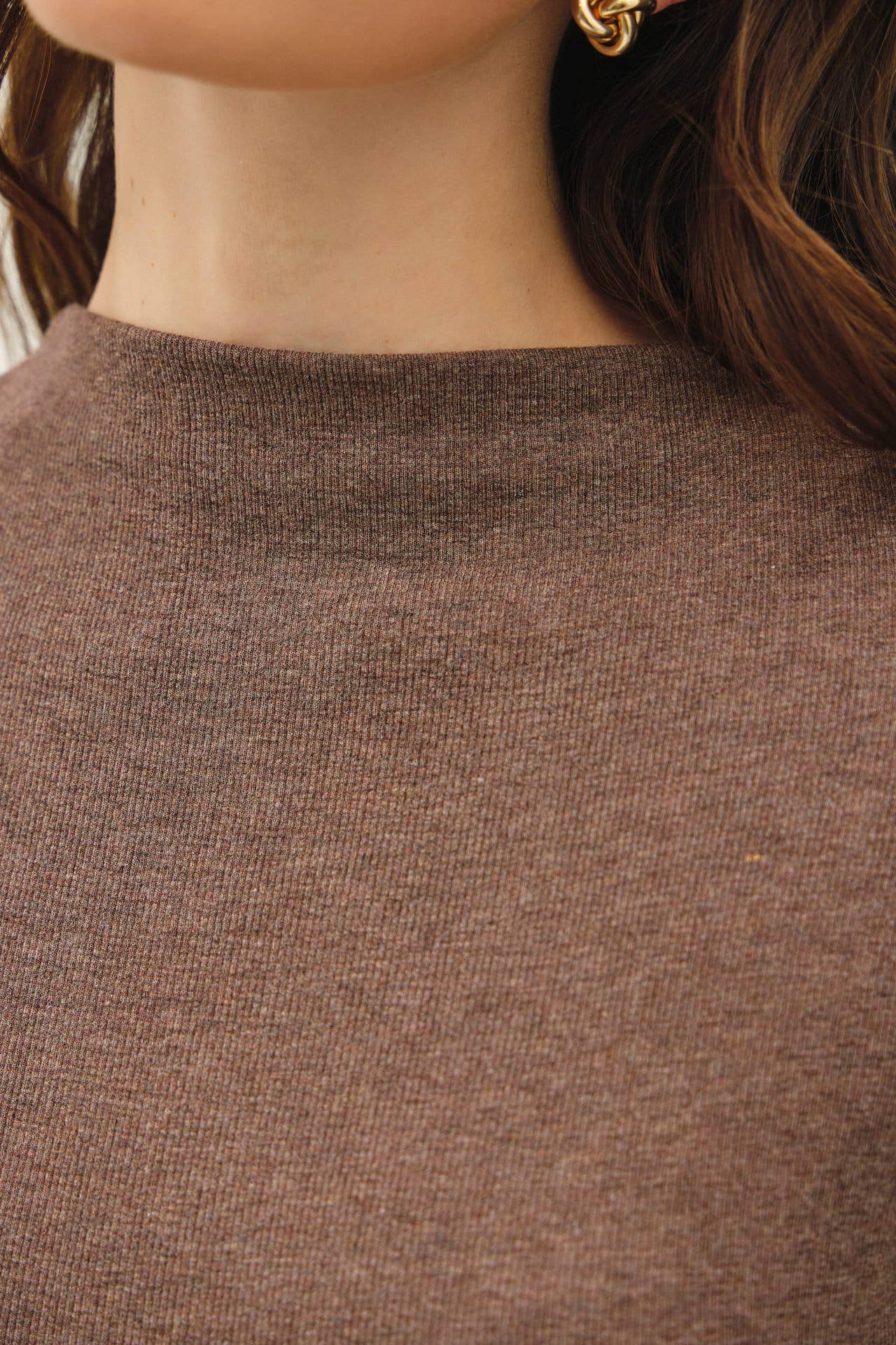 Brown Basic Ribbed Mockneck Knit Top, Feathered Farmhouse