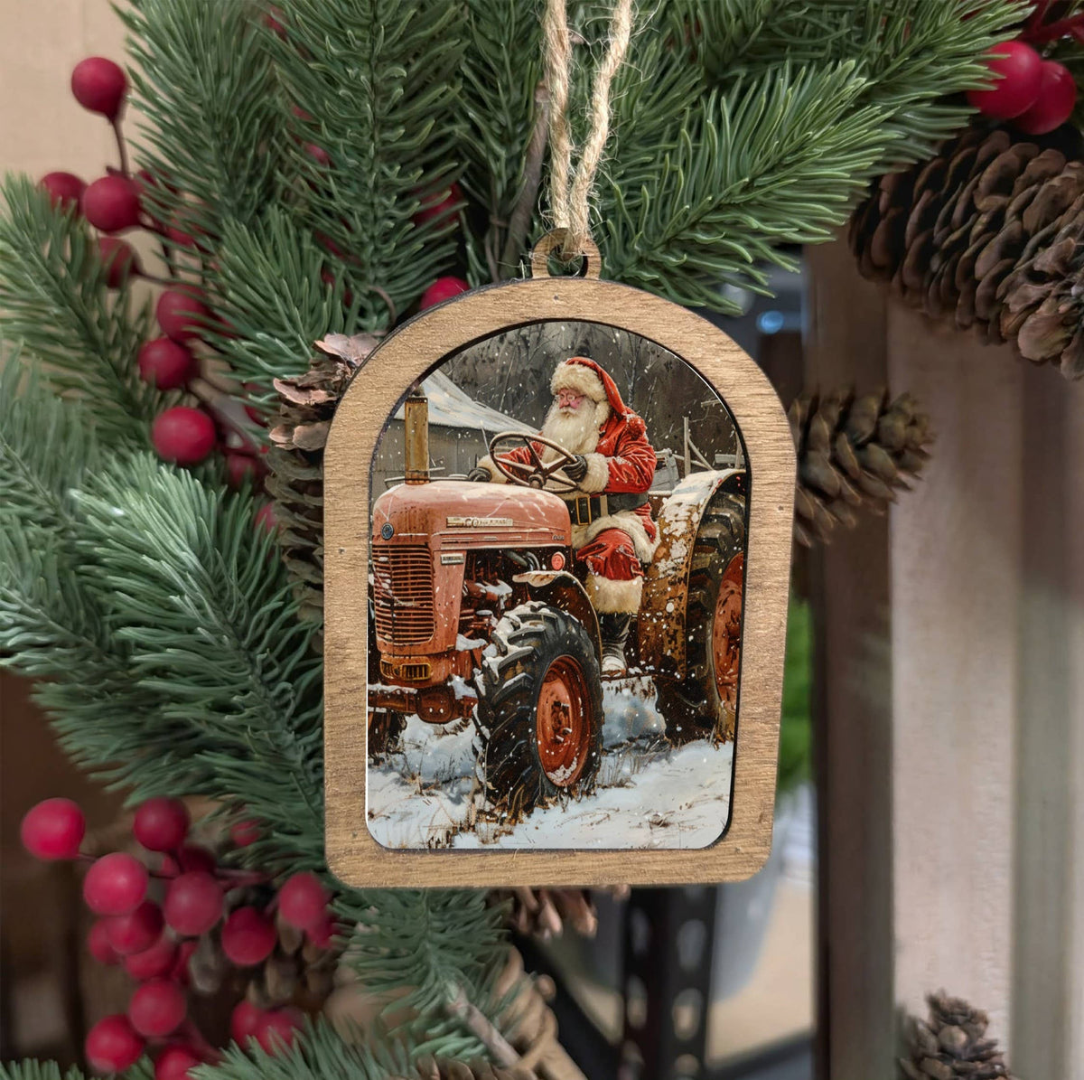 Canvas Arch Ornament Tractor Santa, Feathered Farmhouse