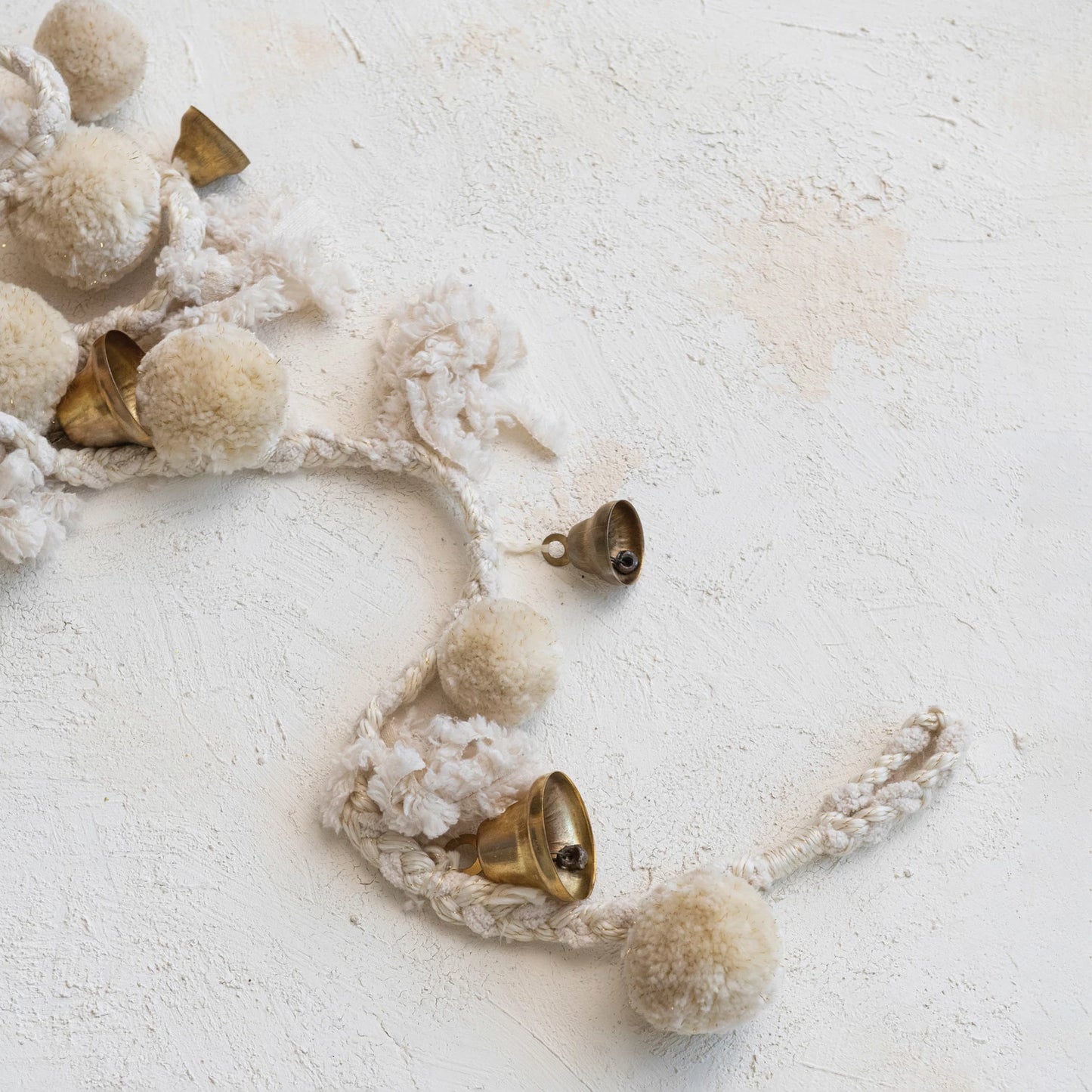 Handmade Wool & Cotton Blend Pom Pom & Bell Garland, Feathered Farmhouse