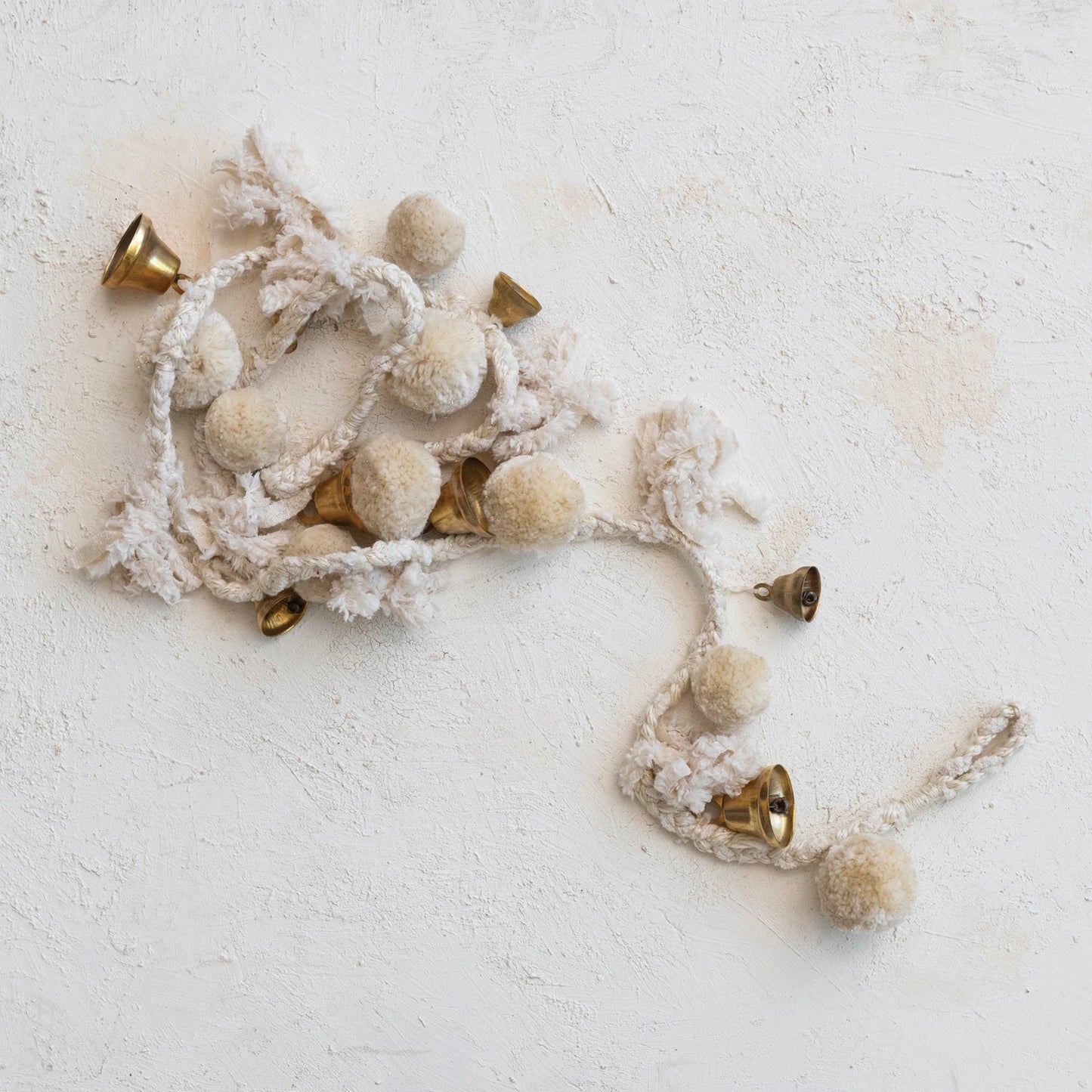 Handmade Wool & Cotton Blend Pom Pom & Bell Garland, Feathered Farmhouse