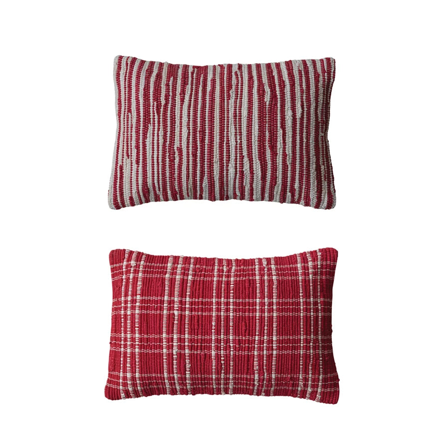 Hand-Woven Recycled Cotton Chindi Lumbar Pillow, Feathered Farmhouse