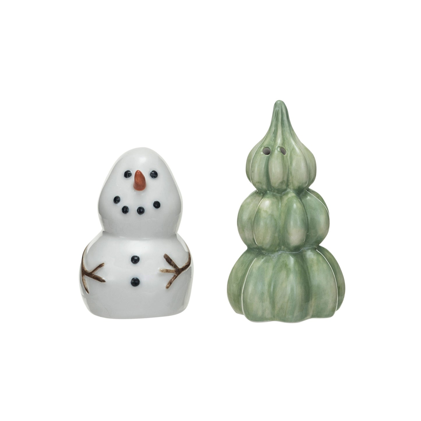 Stoneware Snowman & Tree Salt & Pepper Shakers, Feathered Farmhouse