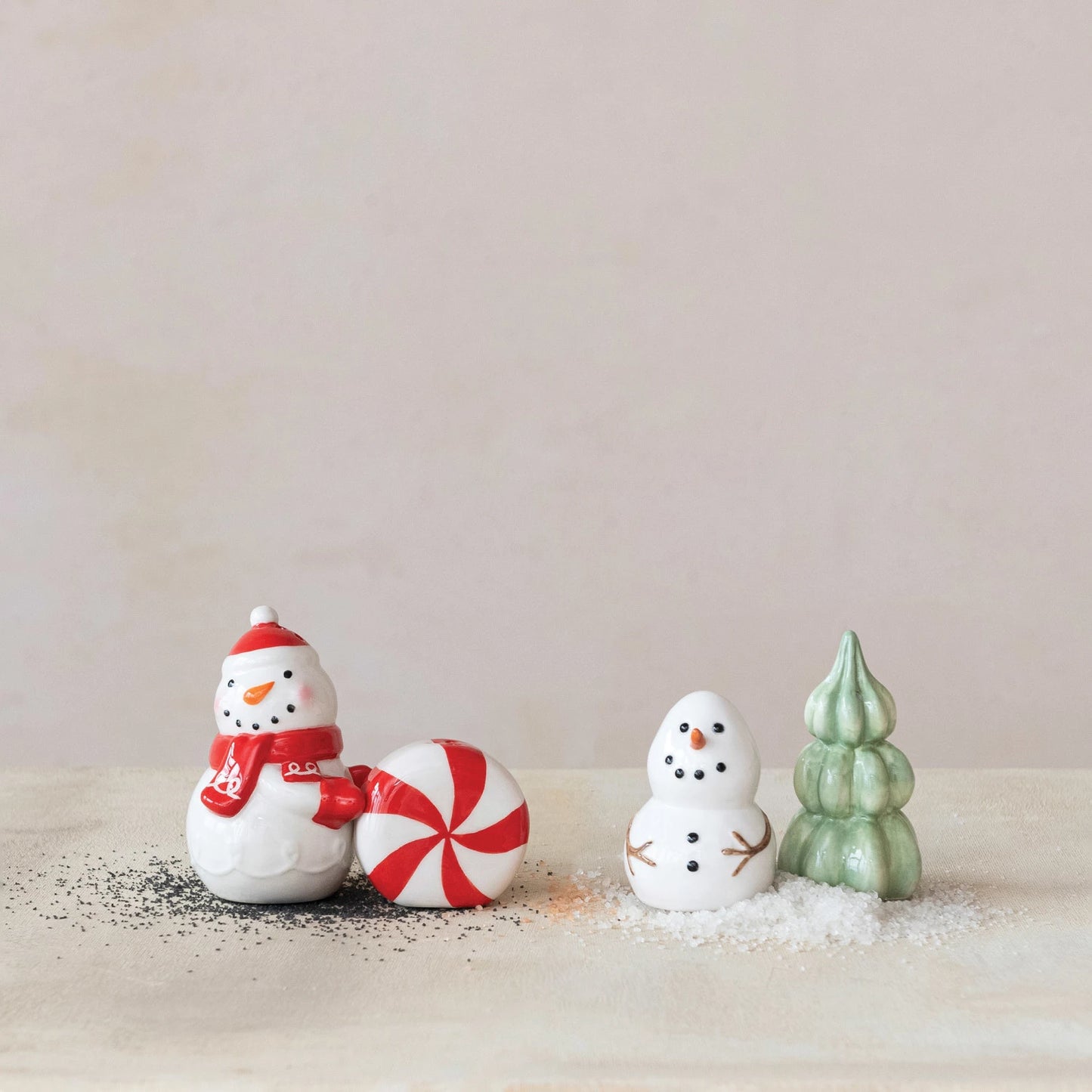 Stoneware Snowman & Tree Salt & Pepper Shakers, Feathered Farmhouse