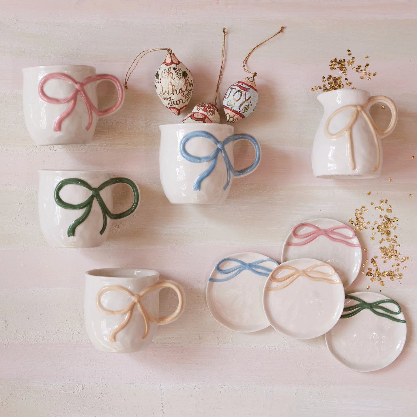 Stoneware Mug with Bow Handle, Feathered Farmhouse
