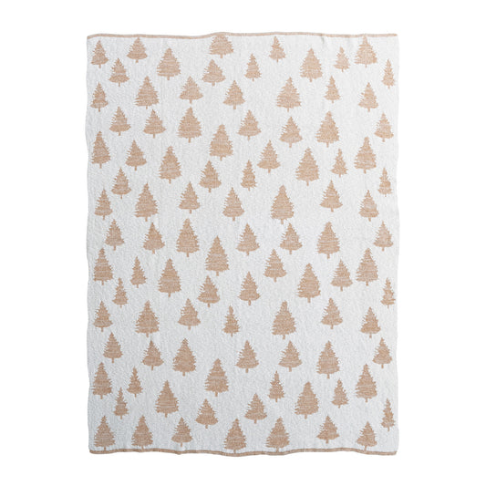Cotton Knit Throw with Trees & Metallic Gold Thread, Feathered Farmhouse