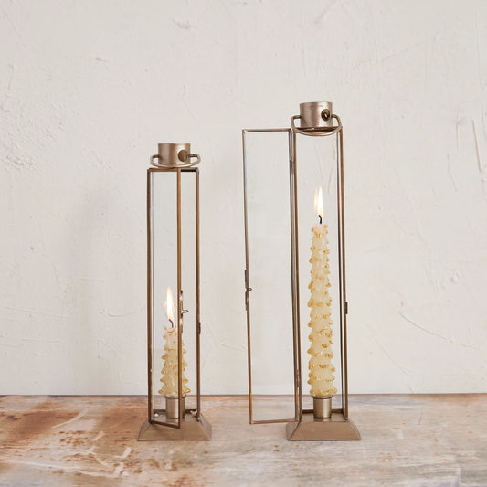 Metal + Glass Lantern Taper Holder, Feathered Farmhouse