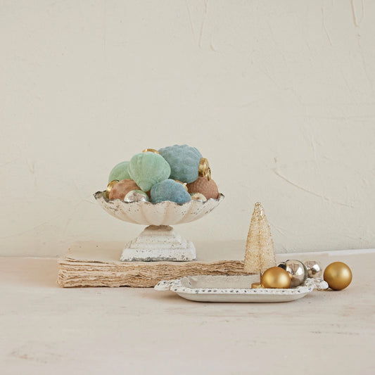 Decorative Painted Cast Iron Scalloped Footed Dish, Feathered Farmhouse