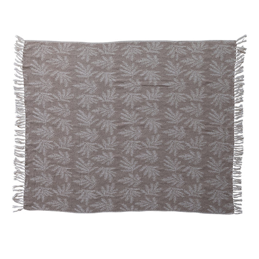 Woven Recycled Jacquard Blend Reversible Throw with Botanicals & Fringe, Feathered Farmhouse