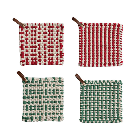 Cotton Crocheted Pot Holder with Leather Loop, Feathered Farmhouse