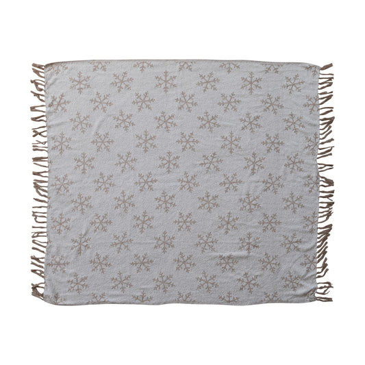 Woven Recycled Fabric Jacquard Throw with Snowflake Pattern & Fringe, Feathered Farmhouse