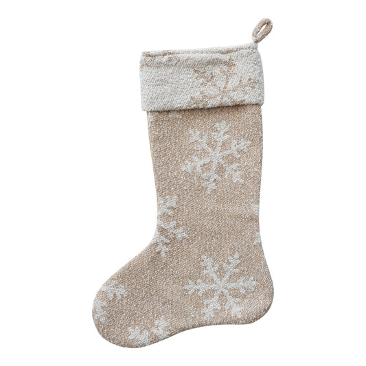 Woven Recycled Fabric Jacquard Stocking with Snowflake Pattern, Feathered Farmhouse