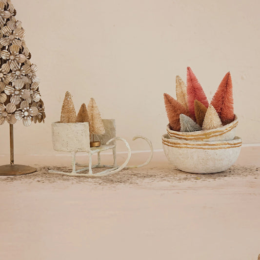 Decorative Metal & Paper Mache Bowls with Gold Color Stripes, Feathered Farmhouse